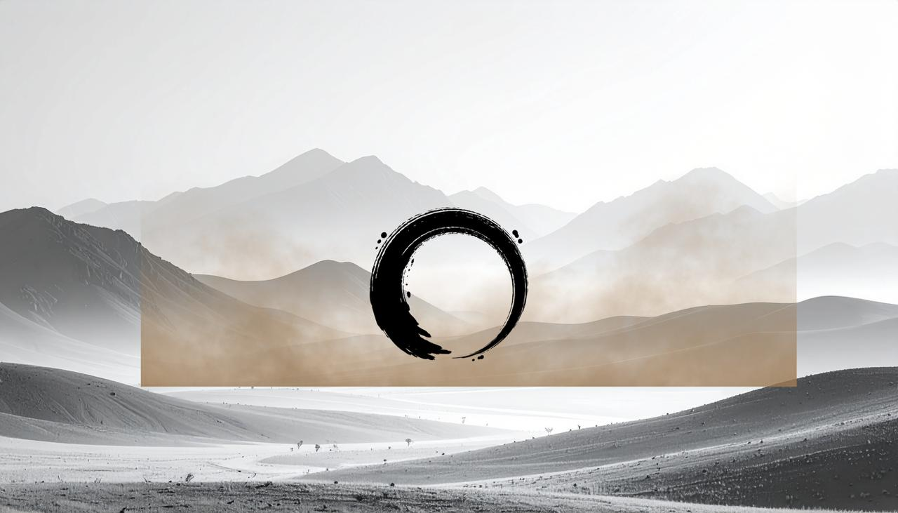 Image en tons neutres et minimalistes : un paysage de montagnes superposées dans des nuances de gris et de beige. Une brume flotte, créant une atmosphère mystérieuse. Au centre de l’image, un cercle noir au pinceau de style ensō japonais attire le regard. L’ensemble évoque la sérénité et la profondeur.
